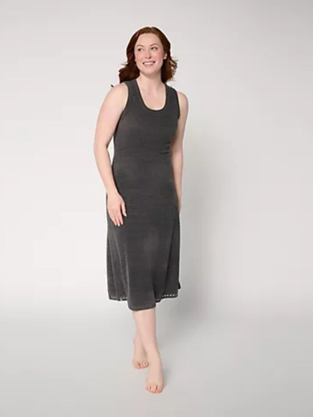 Barefoot Dreams Regular CozyChic Ultra Lite Square Trim Midi Dress, Carbon Sz XL